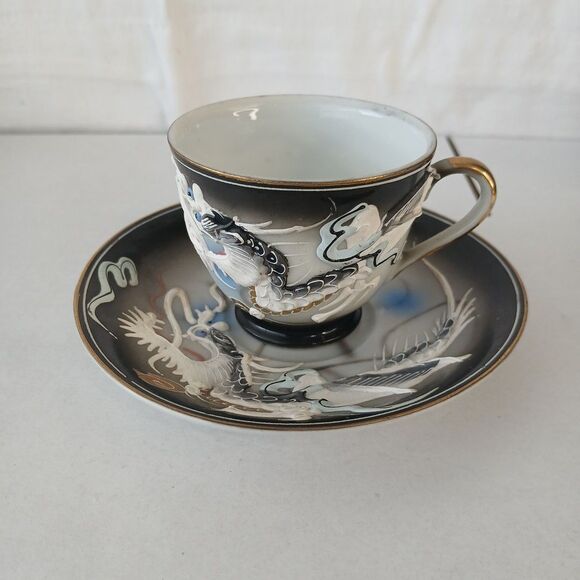 Dragonware Lithophane Demitasse Cup Saucer EUC Vtg Japanese Moriage - Picture 1 of 10